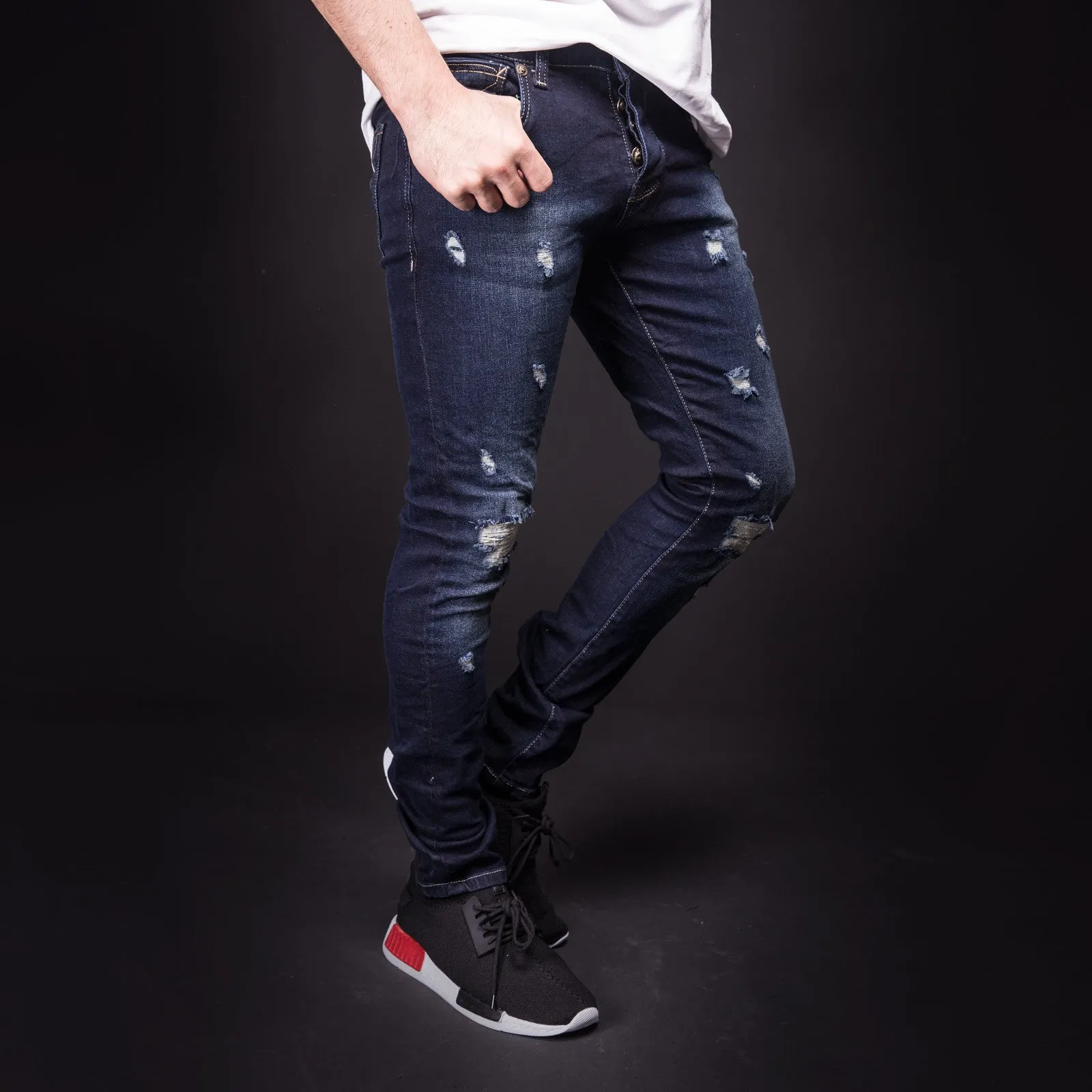 2Y Men Slim Fit "Here And There" Ripped Destroyed Jeans - Dark Blue