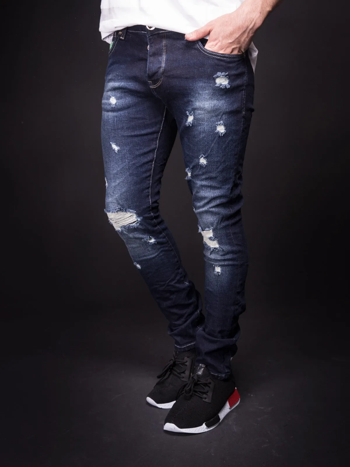 2Y Men Slim Fit "Here And There" Ripped Destroyed Jeans - Dark Blue