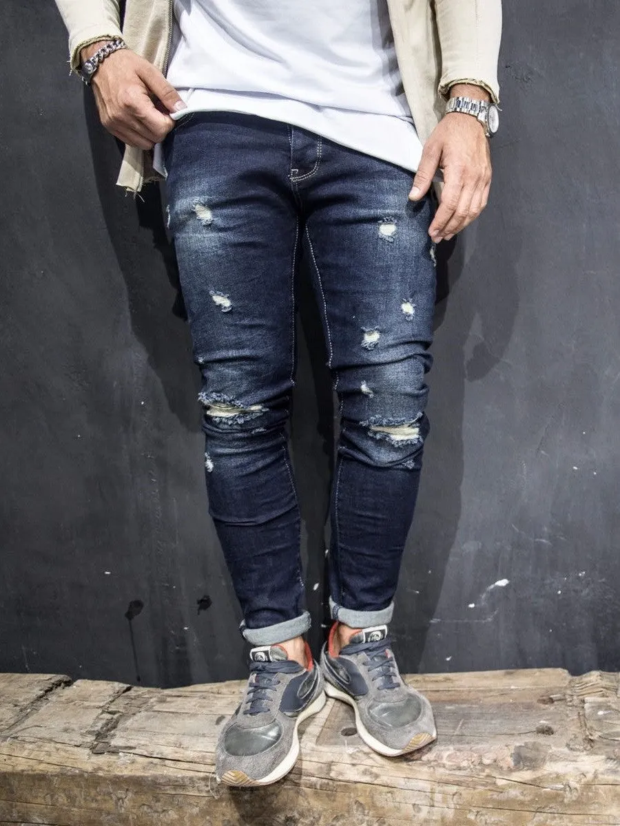 2Y Men Slim Fit "Here And There" Ripped Destroyed Jeans - Dark Blue