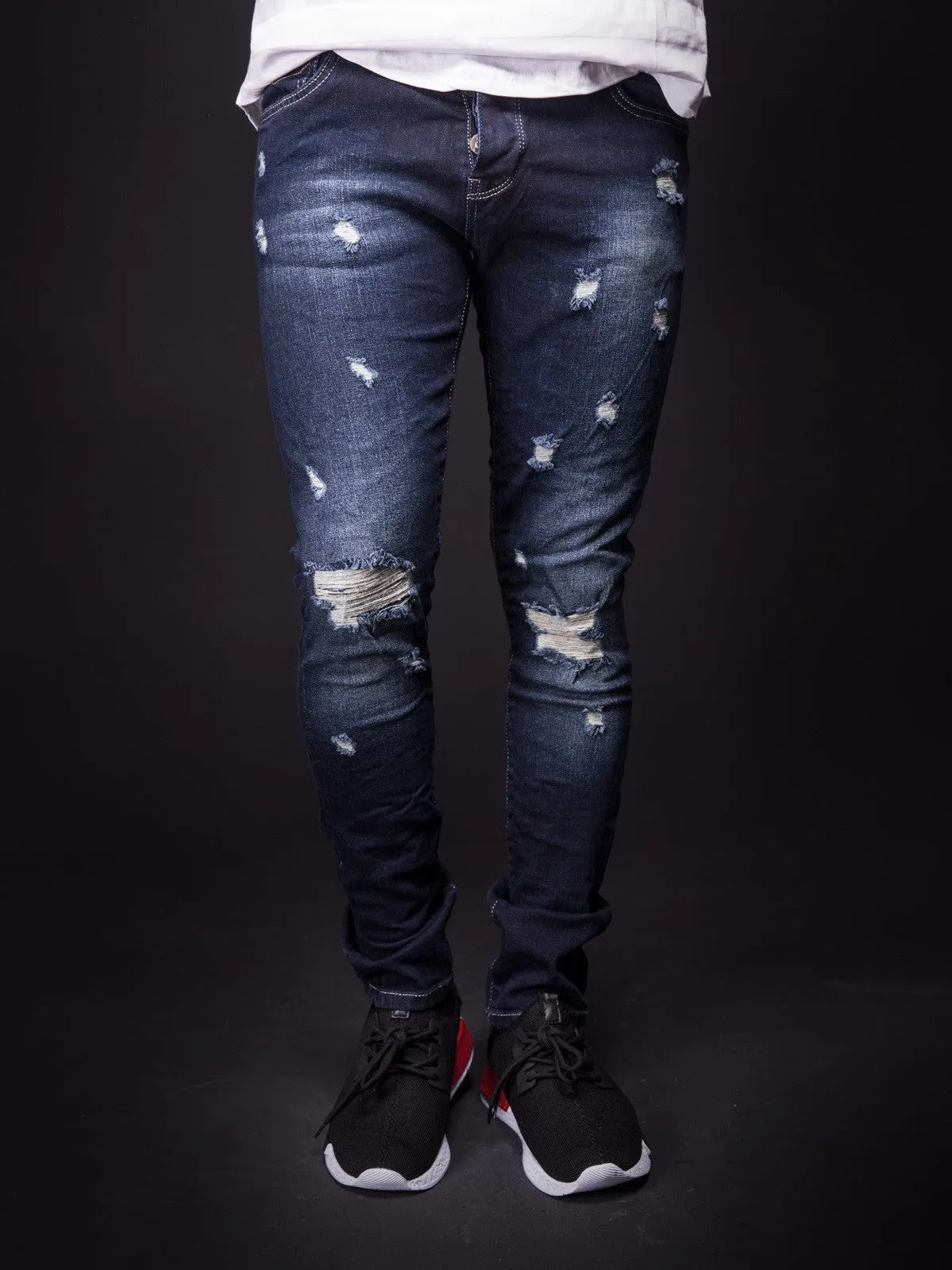 2Y Men Slim Fit "Here And There" Ripped Destroyed Jeans - Dark Blue
