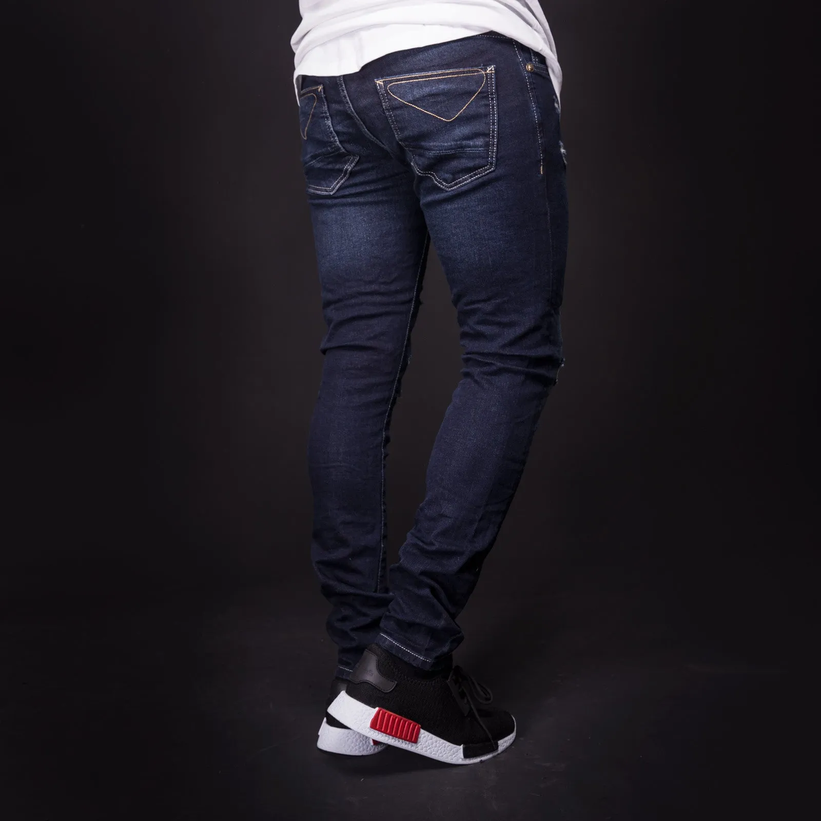 2Y Men Slim Fit "Here And There" Ripped Destroyed Jeans - Dark Blue