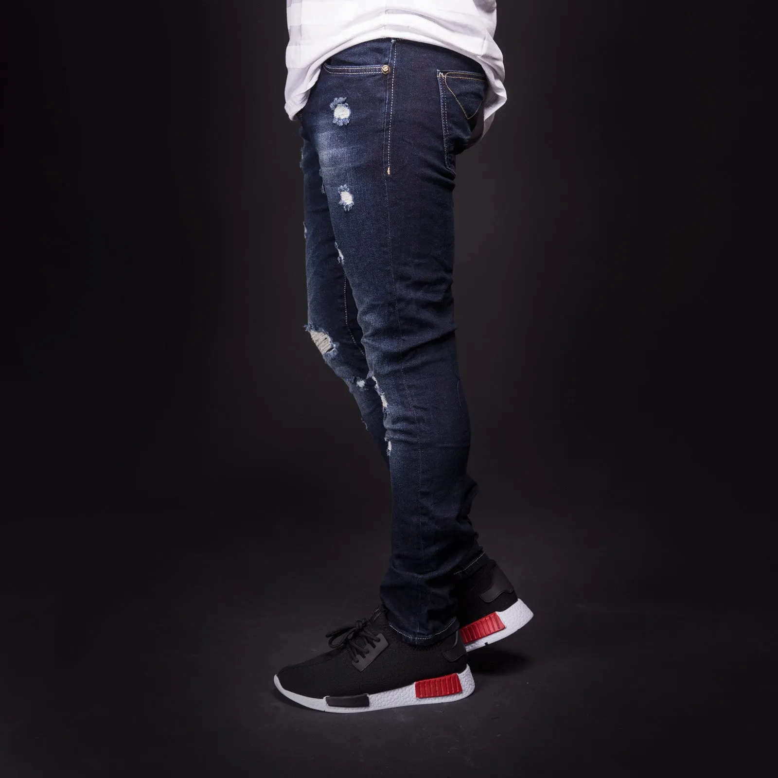 2Y Men Slim Fit "Here And There" Ripped Destroyed Jeans - Dark Blue