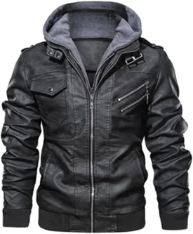 Alloaone Men's Leather Jackets Motorcycle Leather Hooded Coats Business PU Biker Leather Jackets