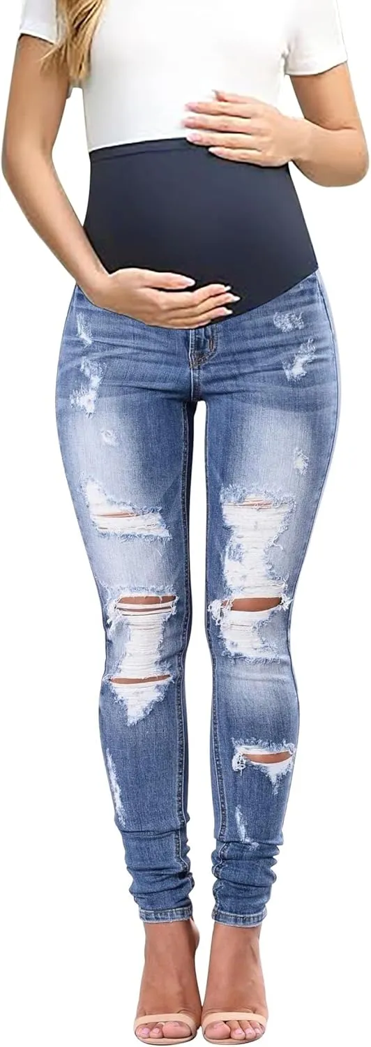 BISUAL Maternity Jeans Over The Belly Slim Stretch Maternity Pants Casual Maternity Work Pants