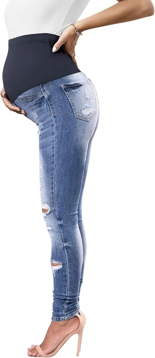 BISUAL Maternity Jeans Over The Belly Slim Stretch Maternity Pants Casual Maternity Work Pants