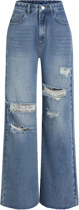 CIDER Womens Ripped Jeans High Waisted Distressed Baggy Straight Wide Leg Pants