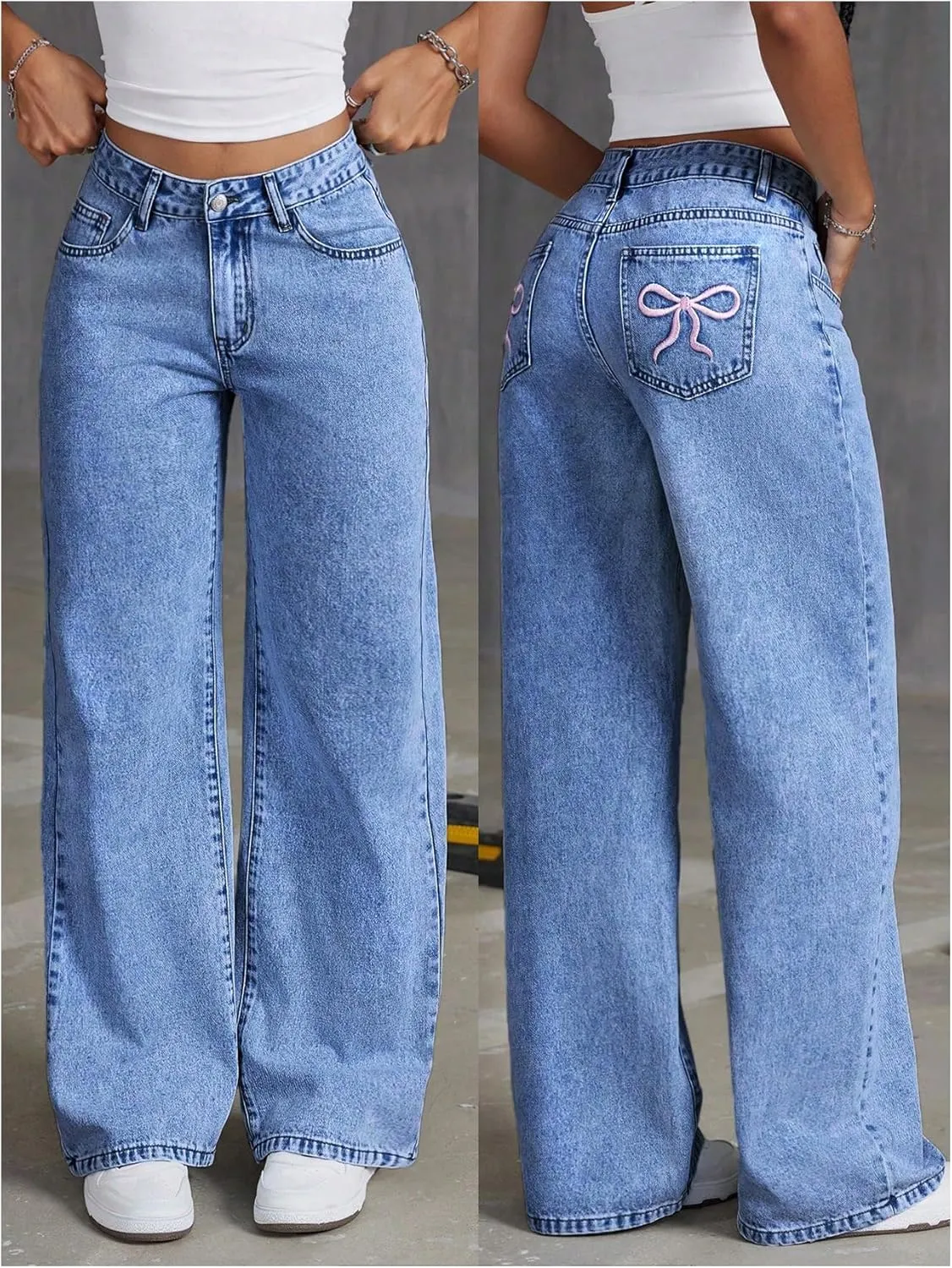 Floerns Women's Bowknot Embroidery Jeans Y2k Straight Leg Boyfriend Denim Pants