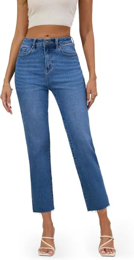 FLYING BANANA Women's High Waisted Straight Slim Ankle Stretch Denim Trendy Jeans