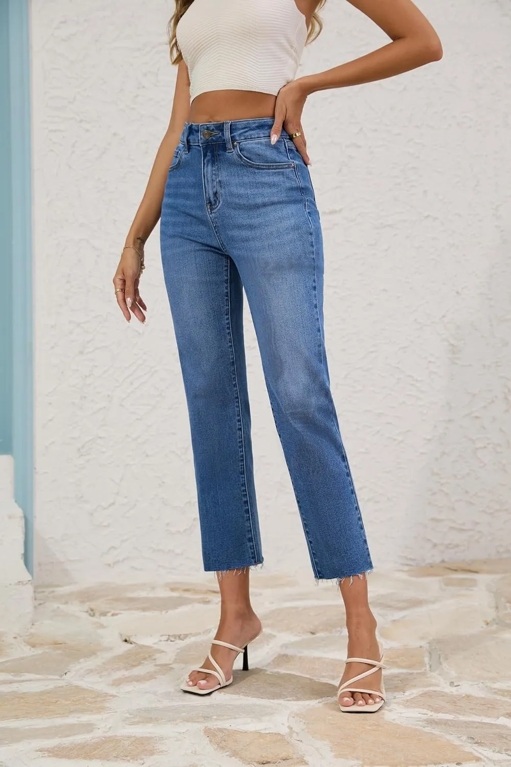 FLYING BANANA Women's High Waisted Straight Slim Ankle Stretch Denim Trendy Jeans