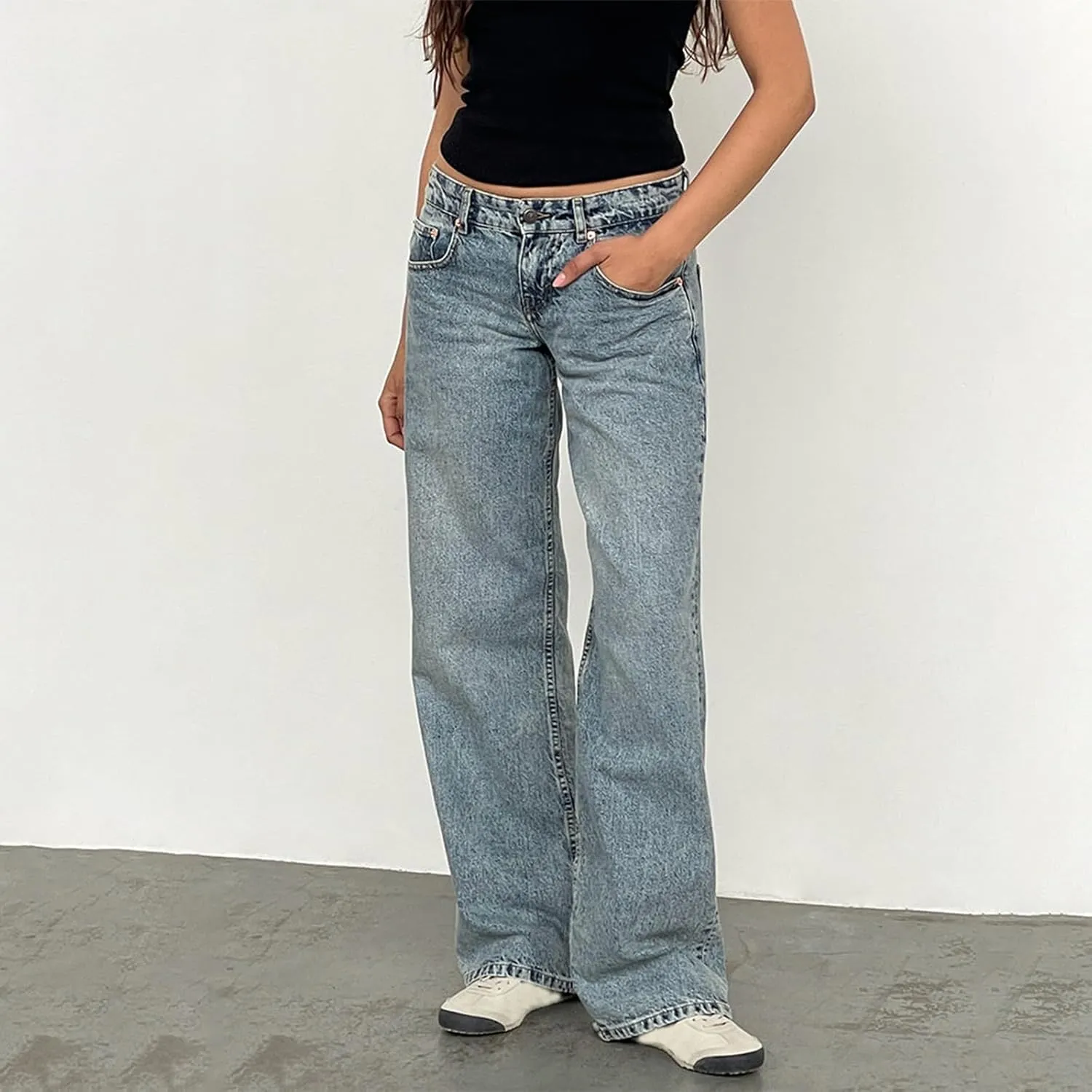 Giraropa Women Y2k Low Rise Jeans Vintage Baggy Straight Wide Leg Boyfriend Jeans Casual Loose Fit Long Denim Pants