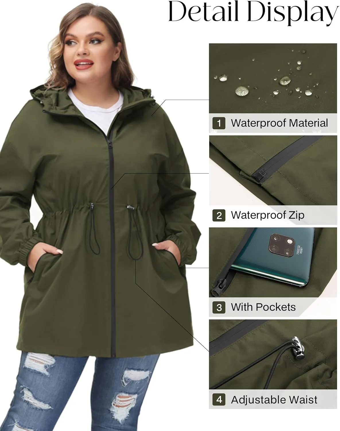 Hanna Nikole Women's Plus Size Long Hooded Raincoat Lightweight Waterproof Windbreaker Jacket