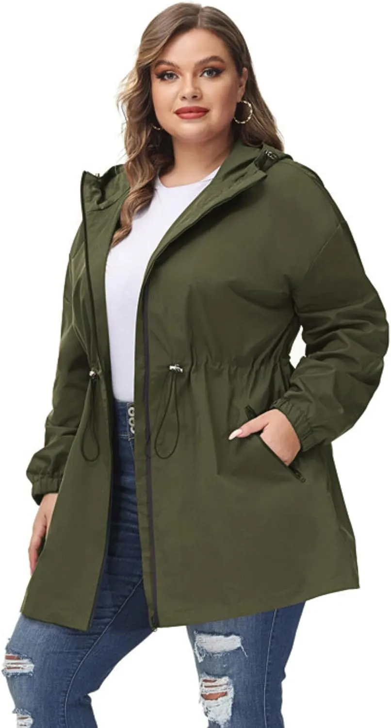 Hanna Nikole Women's Plus Size Long Hooded Raincoat Lightweight Waterproof Windbreaker Jacket
