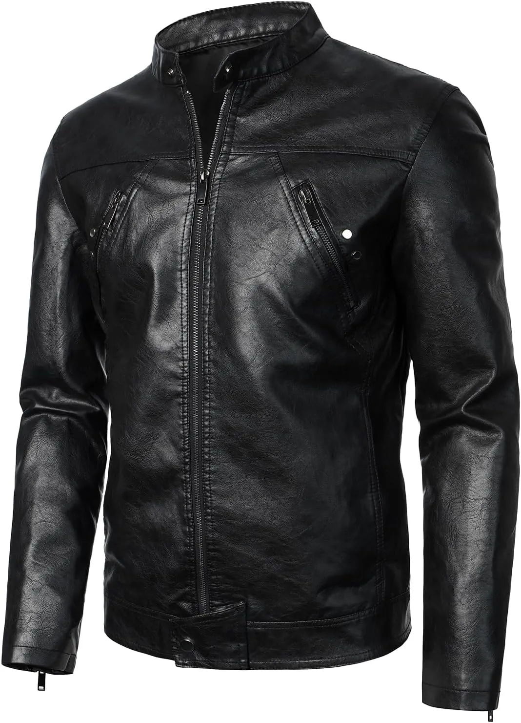 HOOD CREW Mens Faux Leather Jacket Cool Biker Jackets Vintage Stand Collar Lightweight Leather Outwear Coat