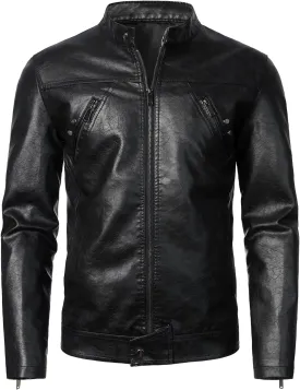 HOOD CREW Mens Faux Leather Jacket Cool Biker Jackets Vintage Stand Collar Lightweight Leather Outwear Coat