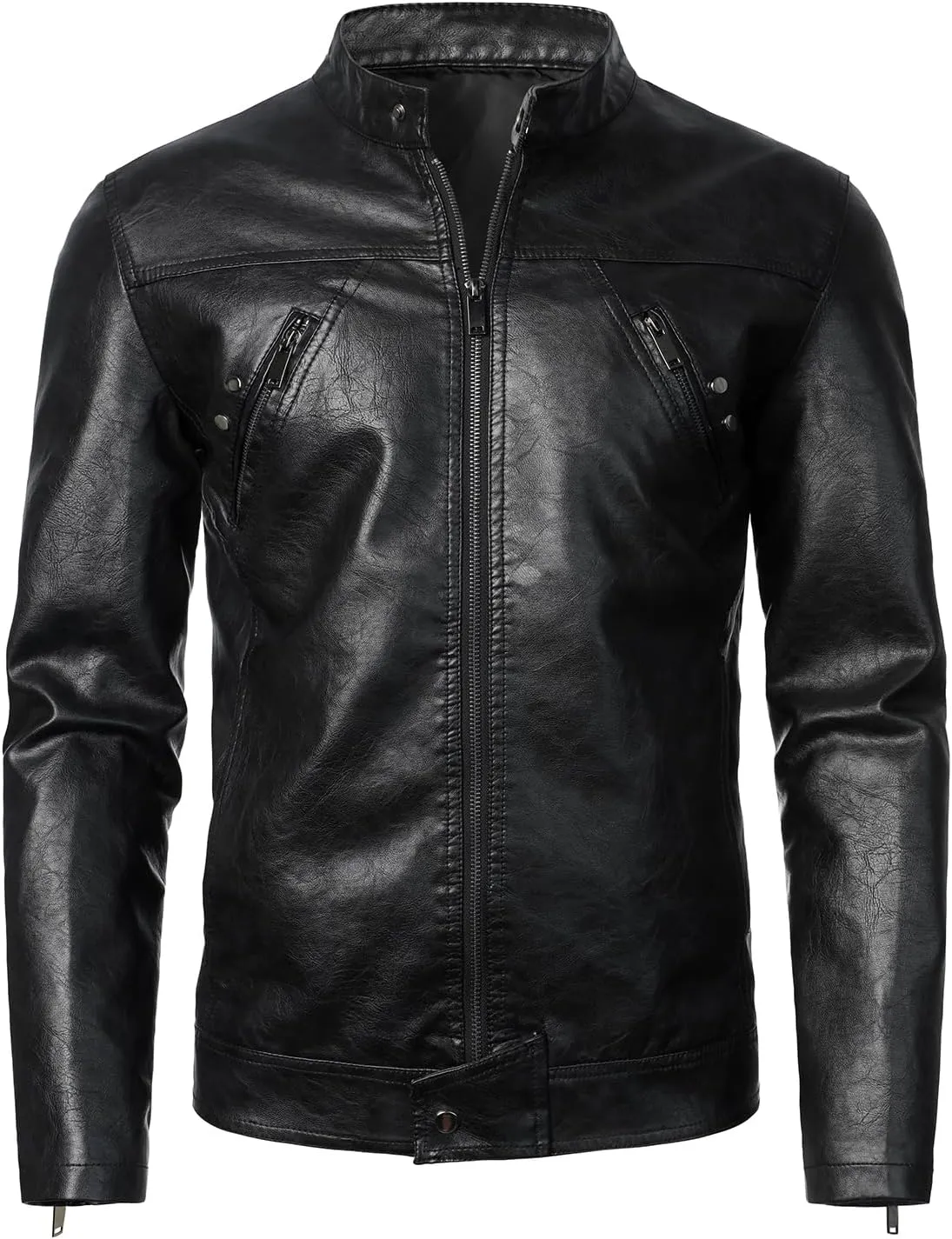 HOOD CREW Mens Faux Leather Jacket Cool Biker Jackets Vintage Stand Collar Lightweight Leather Outwear Coat