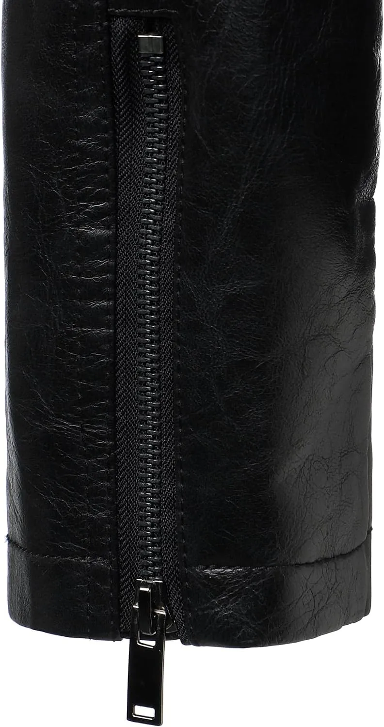 HOOD CREW Mens Faux Leather Jacket Cool Biker Jackets Vintage Stand Collar Lightweight Leather Outwear Coat