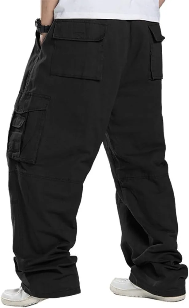 Kinghua Men's Baggy Cargo Pants Casual Loose Fit Elastic Waist Cotton Twill Cargo Pants