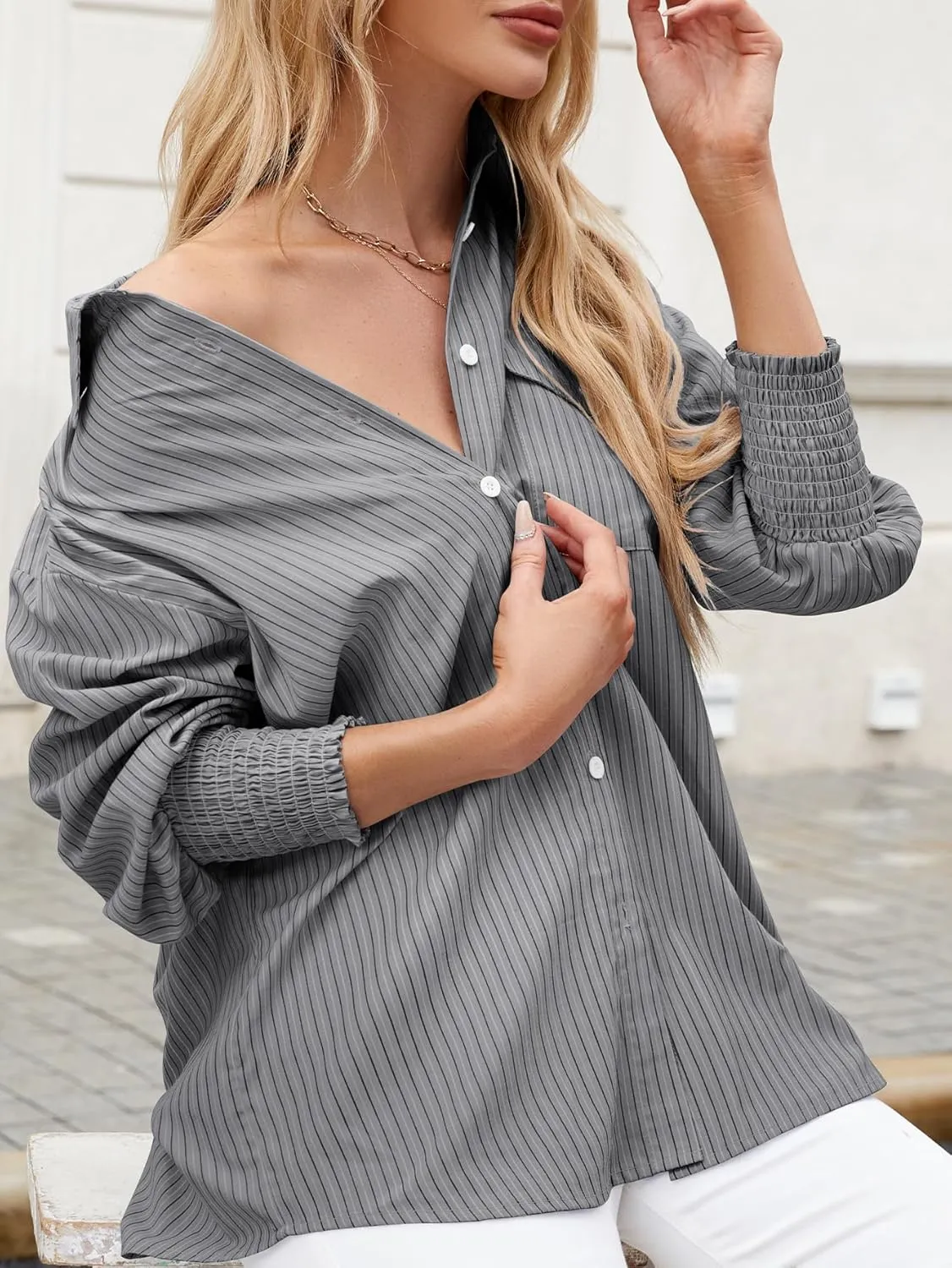 LEMAFER Womens 2025 Smocked Cuffed Striped Boyfriend Shirt Flap Pocket Cotton-Blend Casual Button Down Collared Blouse