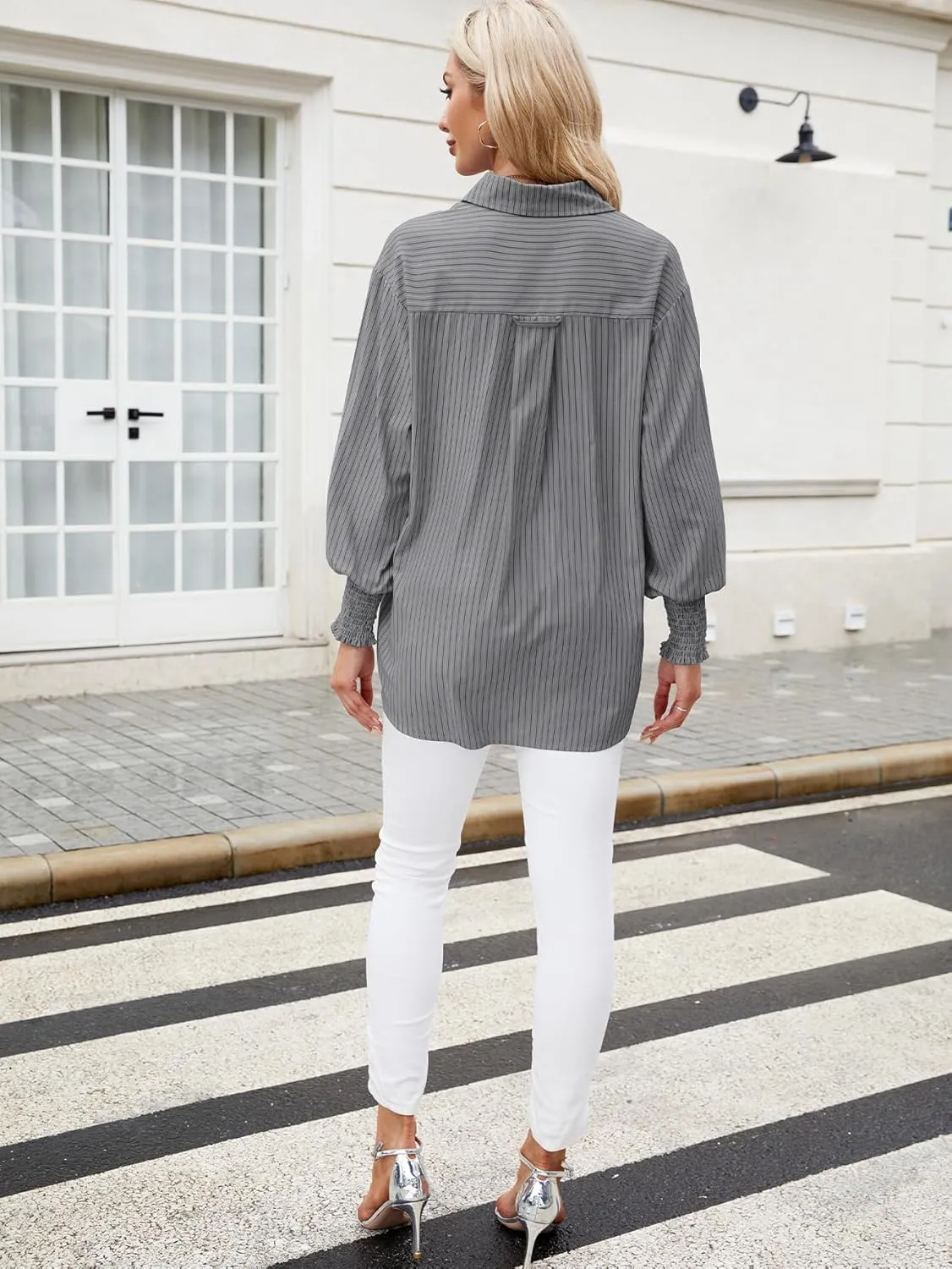 LEMAFER Womens 2025 Smocked Cuffed Striped Boyfriend Shirt Flap Pocket Cotton-Blend Casual Button Down Collared Blouse
