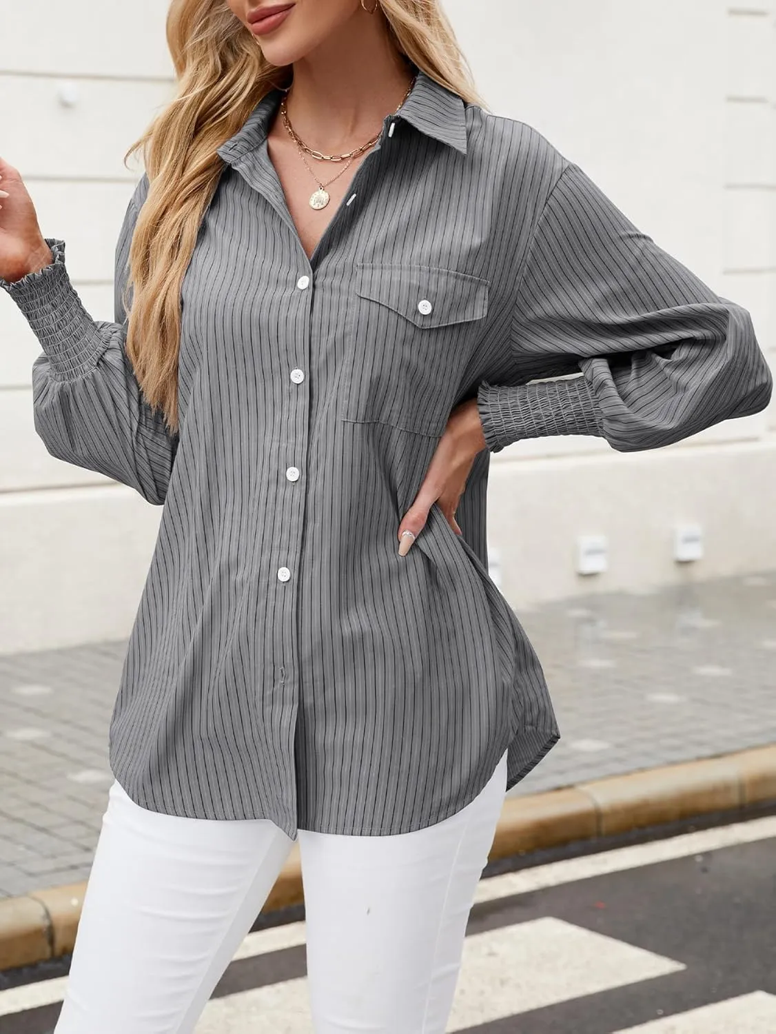 LEMAFER Womens 2025 Smocked Cuffed Striped Boyfriend Shirt Flap Pocket Cotton-Blend Casual Button Down Collared Blouse