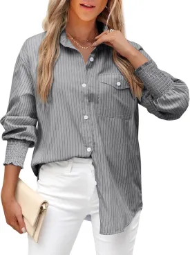LEMAFER Womens 2025 Smocked Cuffed Striped Boyfriend Shirt Flap Pocket Cotton-Blend Casual Button Down Collared Blouse