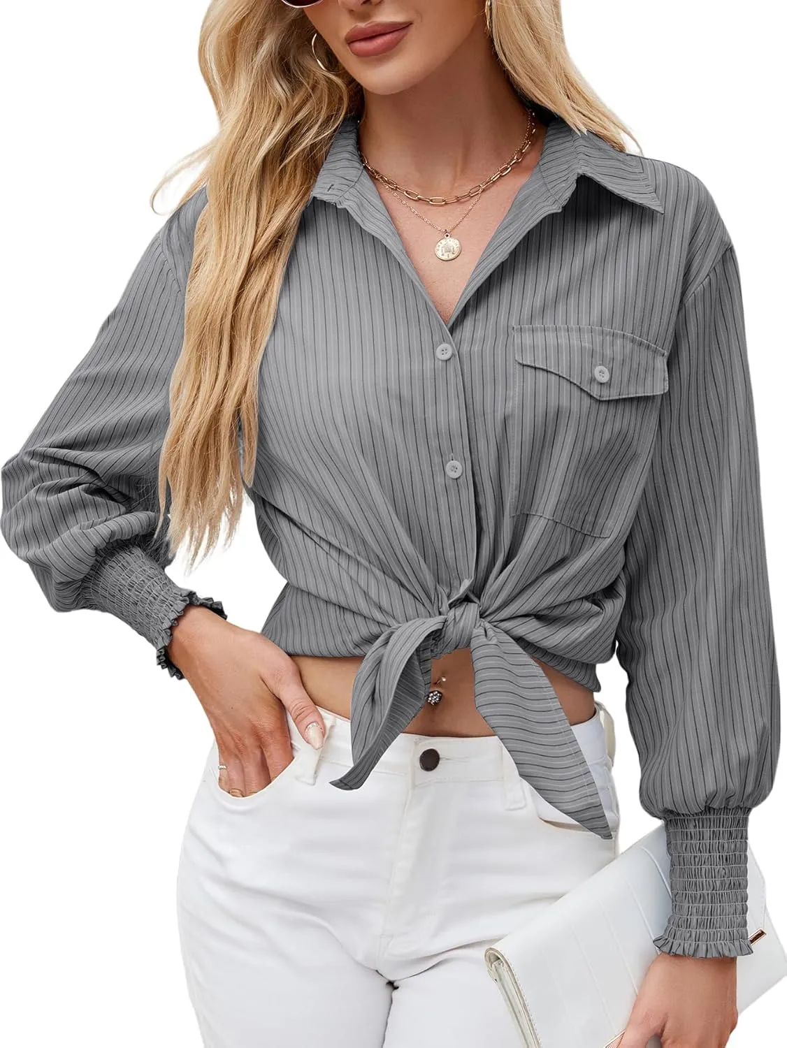 LEMAFER Womens 2025 Smocked Cuffed Striped Boyfriend Shirt Flap Pocket Cotton-Blend Casual Button Down Collared Blouse