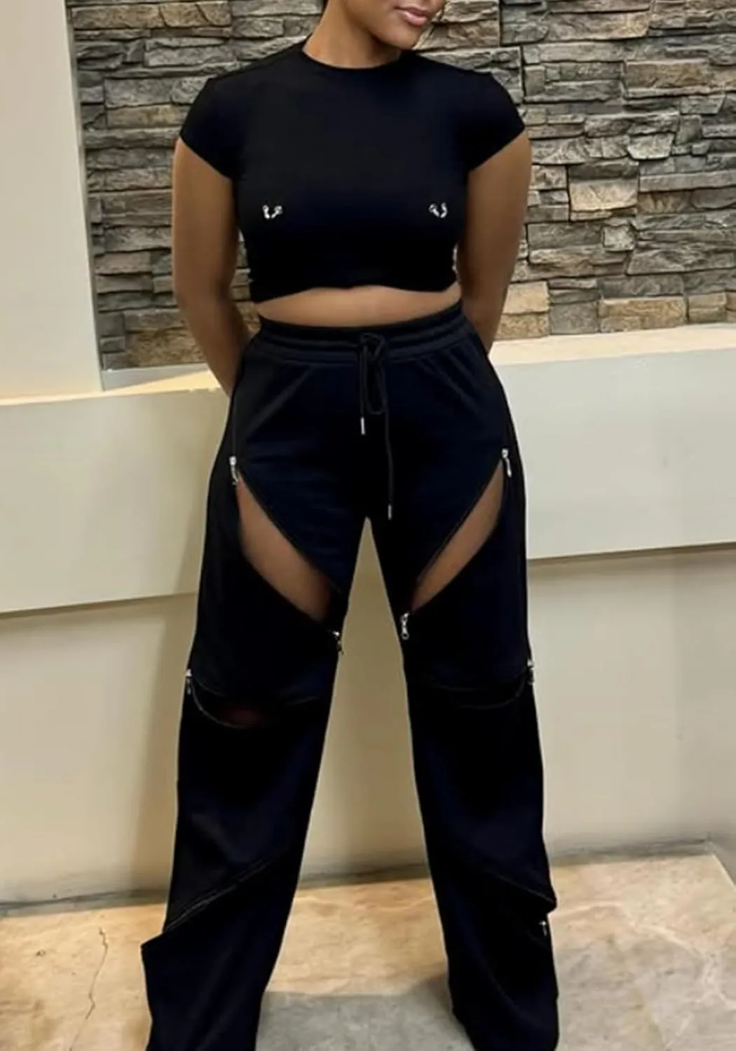 LETSVDO Women's Wide Leg Baggy Sweatpants High Waisted Patchwork Flare Pants Y2k Cut Out Multi Zipper Cargo Sweatpant