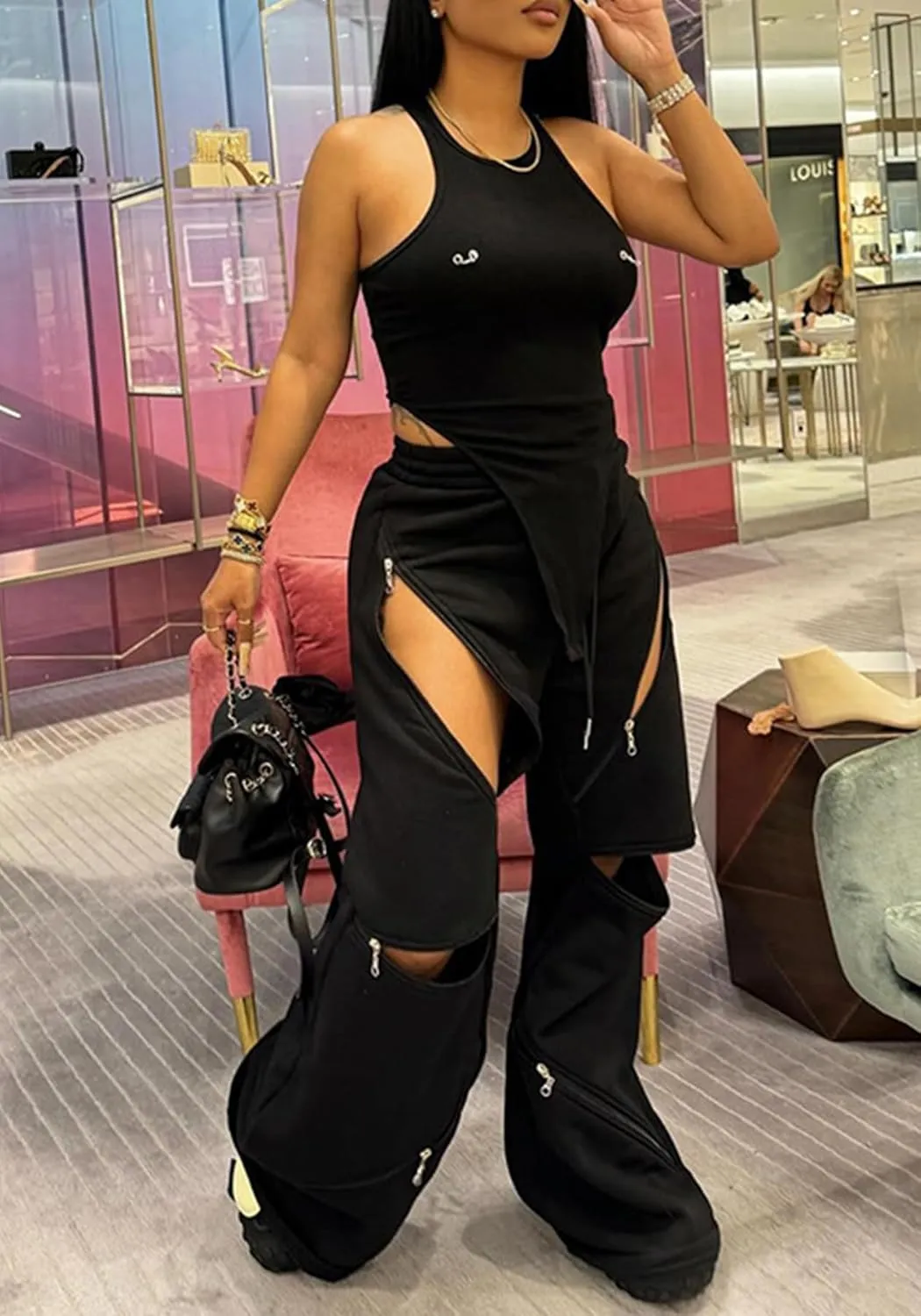 LETSVDO Women's Wide Leg Baggy Sweatpants High Waisted Patchwork Flare Pants Y2k Cut Out Multi Zipper Cargo Sweatpant