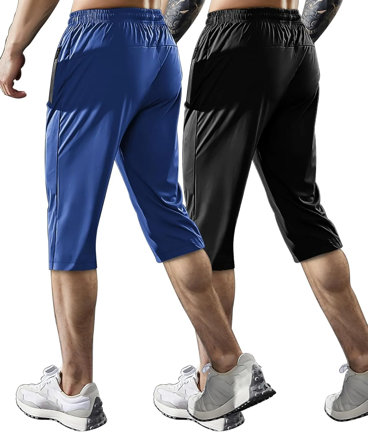 Men's Capri Pants 3/4 Joggers Gym/Workout/Hiking Below Knee Long Shorts Lightweight Quick Dry with Zipper Pockets