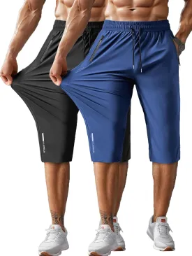 Men's Capri Pants 3/4 Joggers Gym/Workout/Hiking Below Knee Long Shorts Lightweight Quick Dry with Zipper Pockets