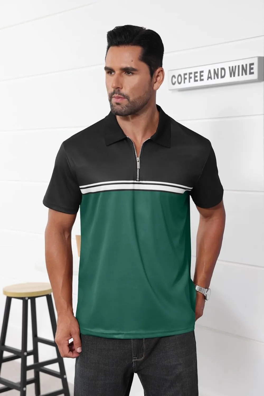 Mens Fashion Color Block Polo Shirts Casual Short Sleeve T Shirt Striped Moisture Wicking Golf Shirts Tops