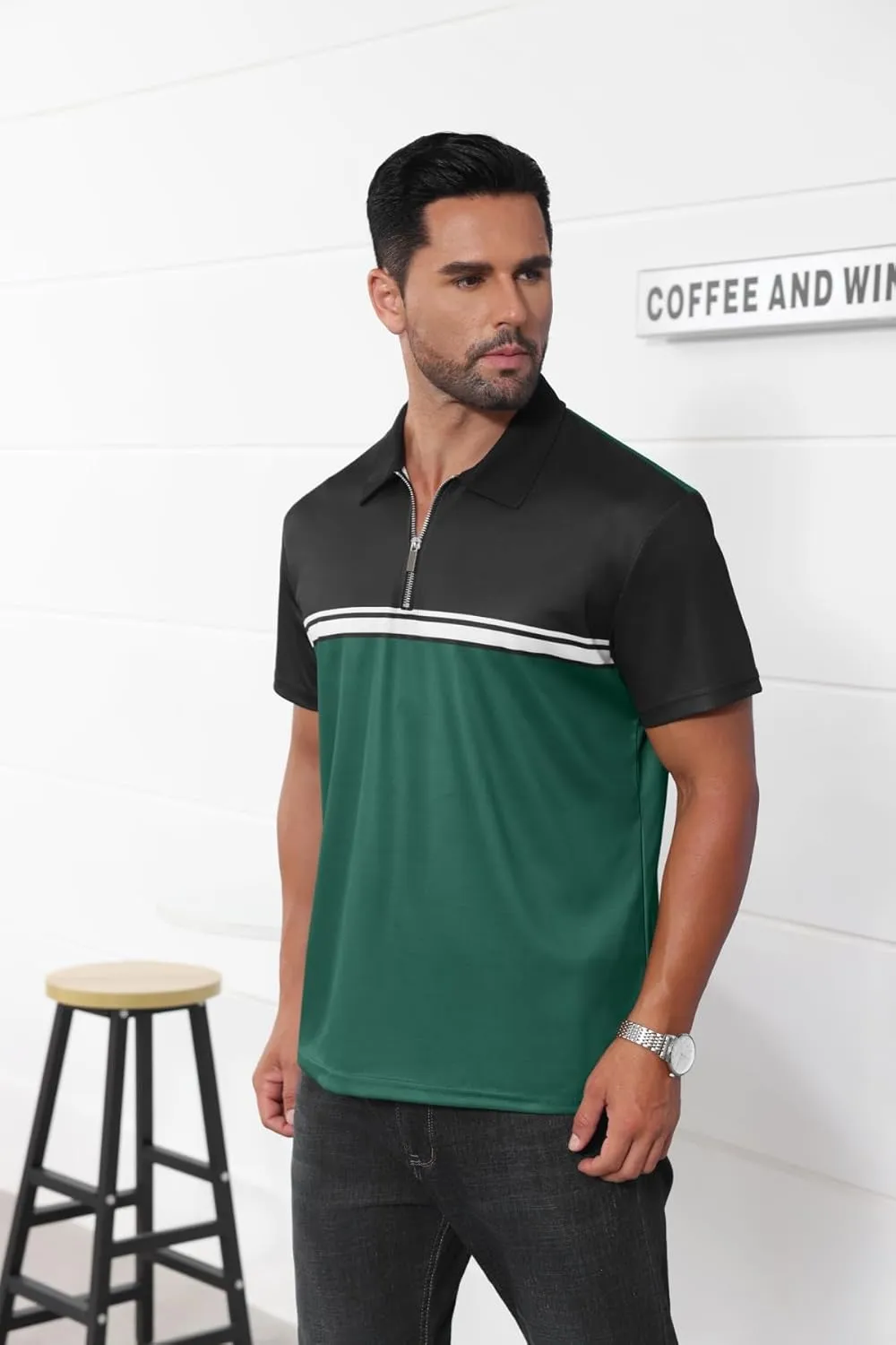Mens Fashion Color Block Polo Shirts Casual Short Sleeve T Shirt Striped Moisture Wicking Golf Shirts Tops