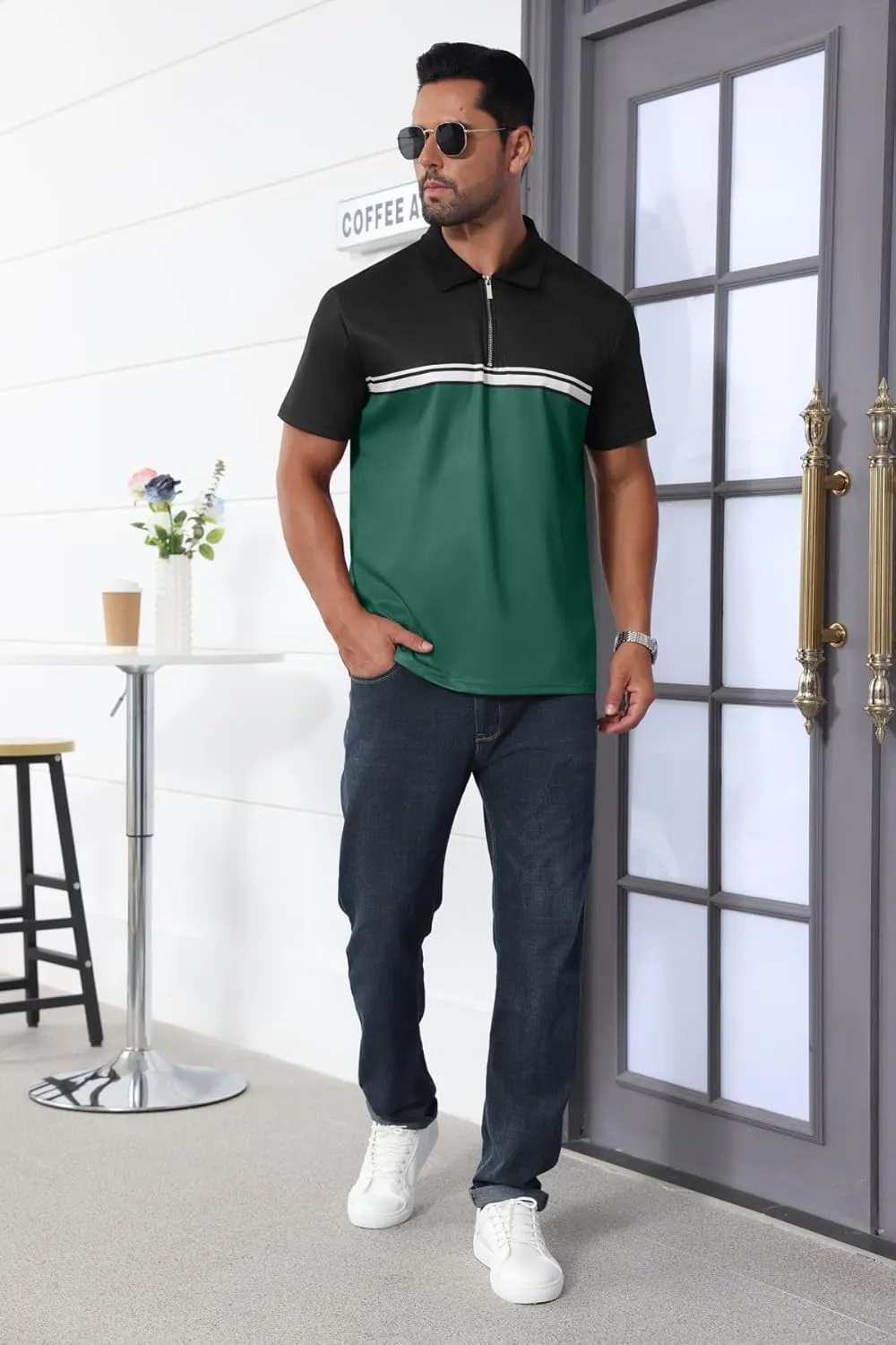 Mens Fashion Color Block Polo Shirts Casual Short Sleeve T Shirt Striped Moisture Wicking Golf Shirts Tops
