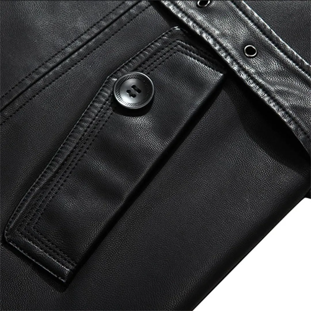 Men's Long PU Leather Blazer Plus Size Belted Coat Faux Leather Trench Outerwear For Business Casual