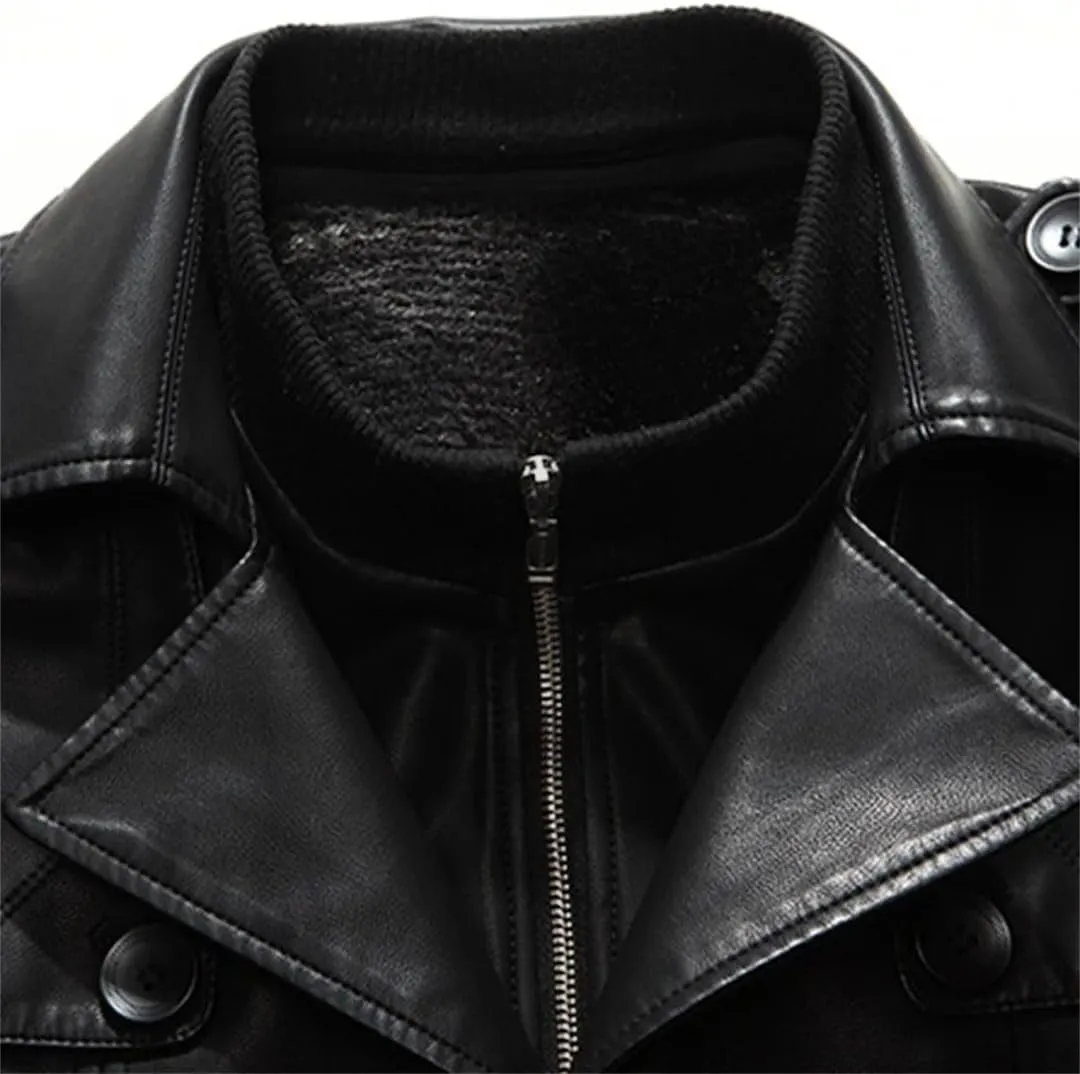 Men's Long PU Leather Blazer Plus Size Belted Coat Faux Leather Trench Outerwear For Business Casual