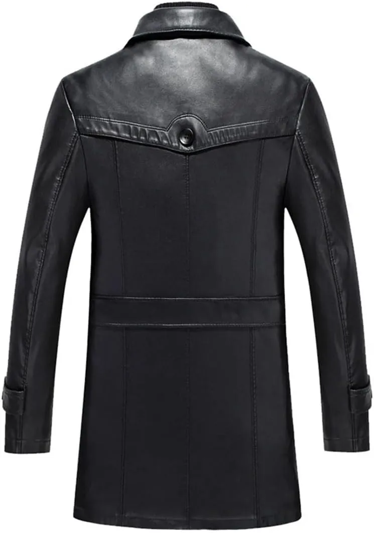 Men's Long PU Leather Blazer Plus Size Belted Coat Faux Leather Trench Outerwear For Business Casual