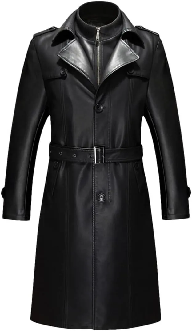 Men's Long PU Leather Blazer Plus Size Belted Coat Faux Leather Trench Outerwear For Business Casual