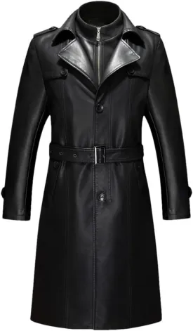 Men's Long PU Leather Blazer Plus Size Belted Coat Faux Leather Trench Outerwear For Business Casual