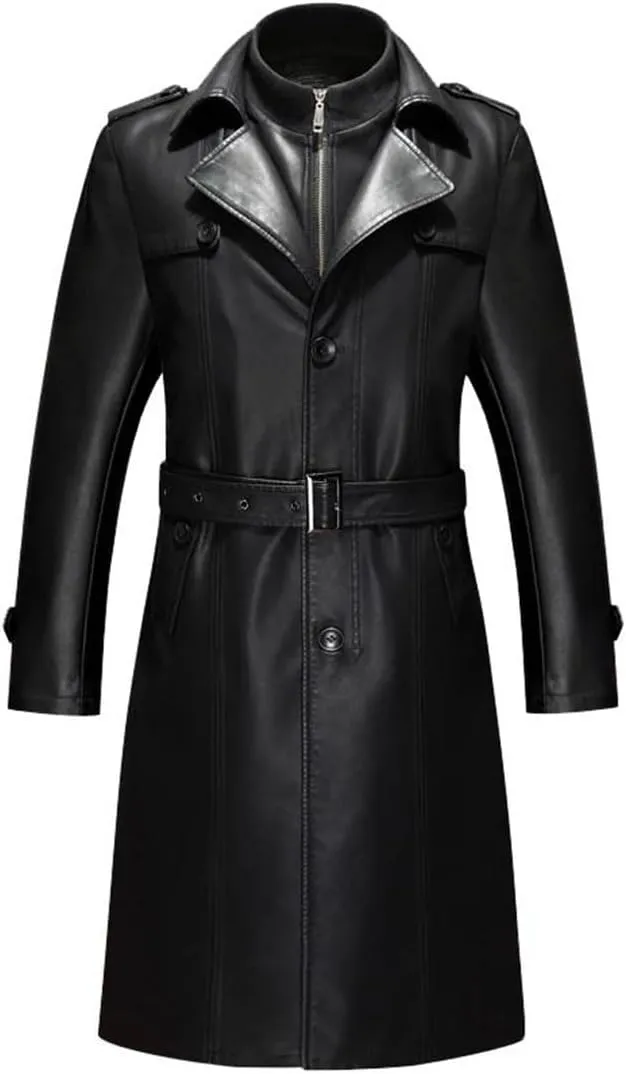 Men's Long PU Leather Blazer Plus Size Belted Coat Faux Leather Trench Outerwear For Business Casual