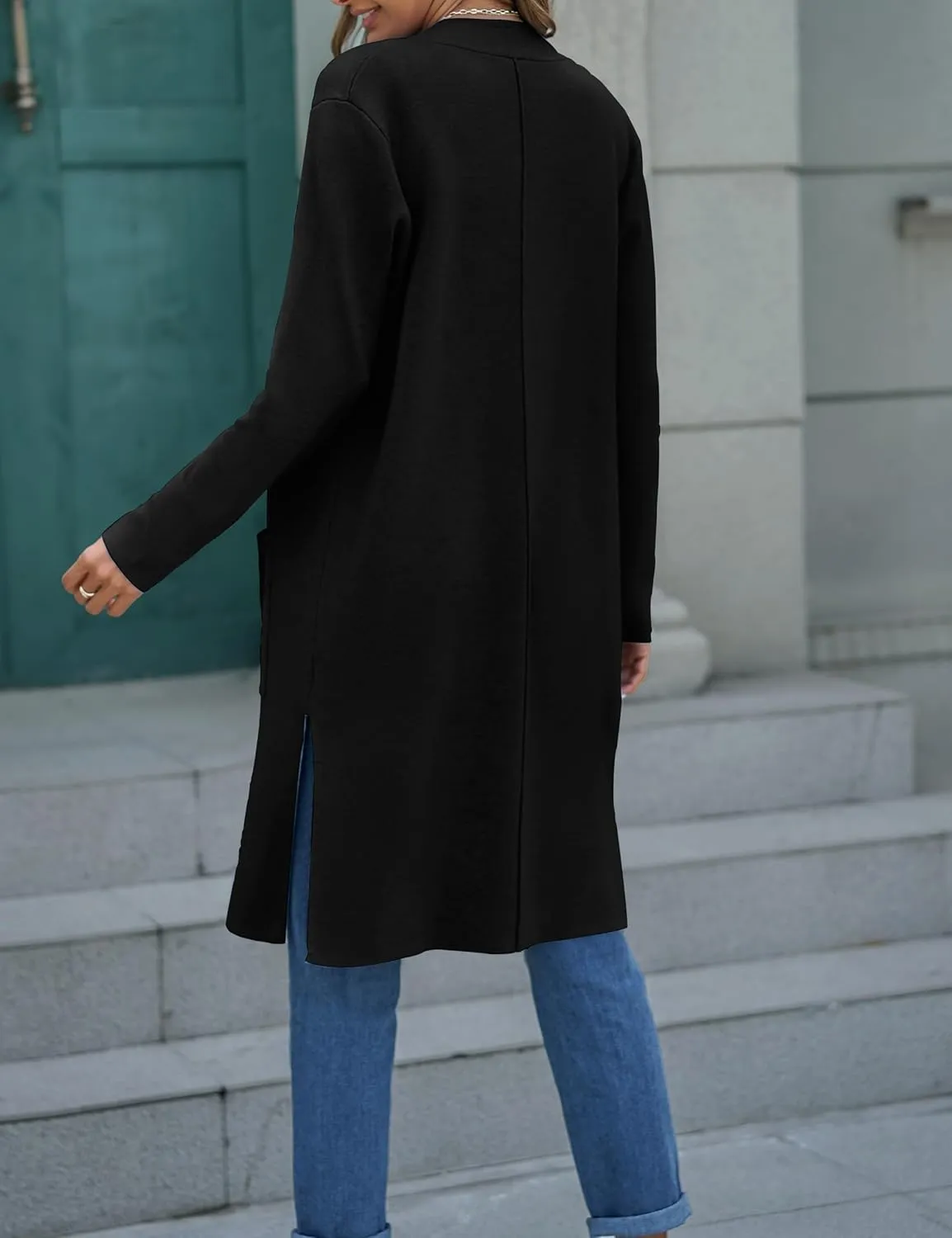 MEROKEETY Women's Open Front Coatigan Sweater Long Sleeve Casual Knit Lapel Cardigan Coat with Pockets