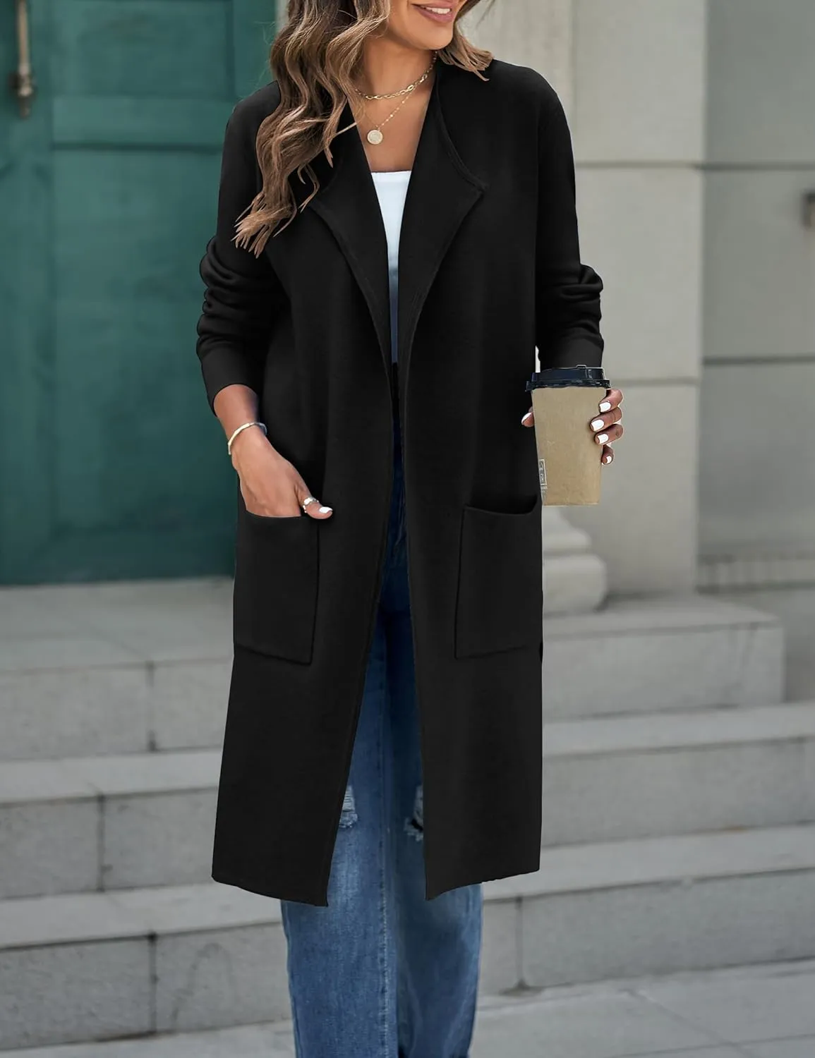 MEROKEETY Women's Open Front Coatigan Sweater Long Sleeve Casual Knit Lapel Cardigan Coat with Pockets