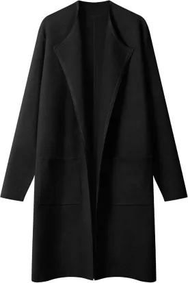 MEROKEETY Women's Open Front Coatigan Sweater Long Sleeve Casual Knit Lapel Cardigan Coat with Pockets