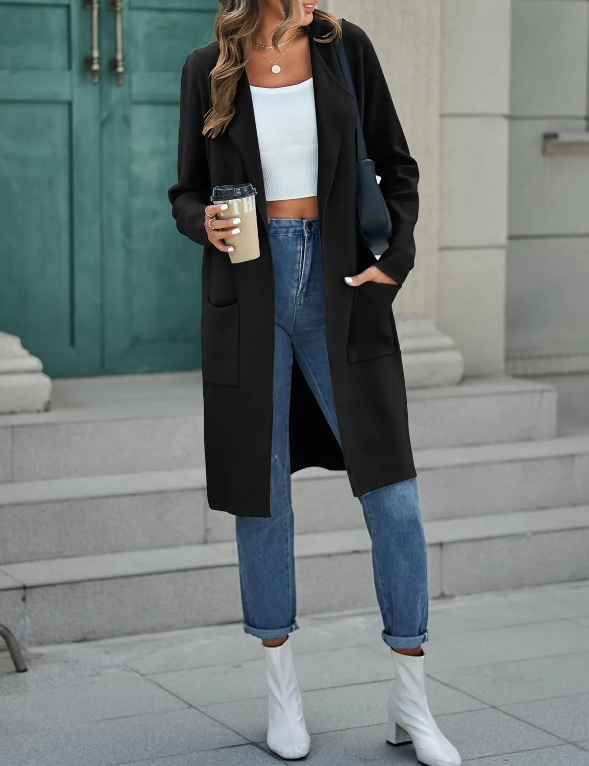 MEROKEETY Women's Open Front Coatigan Sweater Long Sleeve Casual Knit Lapel Cardigan Coat with Pockets