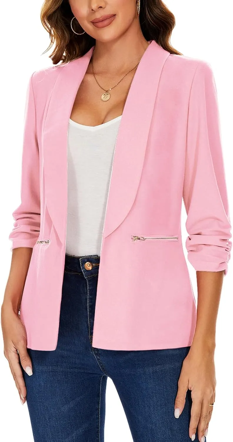 MINTLIMIT Womens Casual Blazer 3/4 Ruched Sleeve Open Front Cardigan Work Office Blazers Suit Jackets with Zipper Pockets