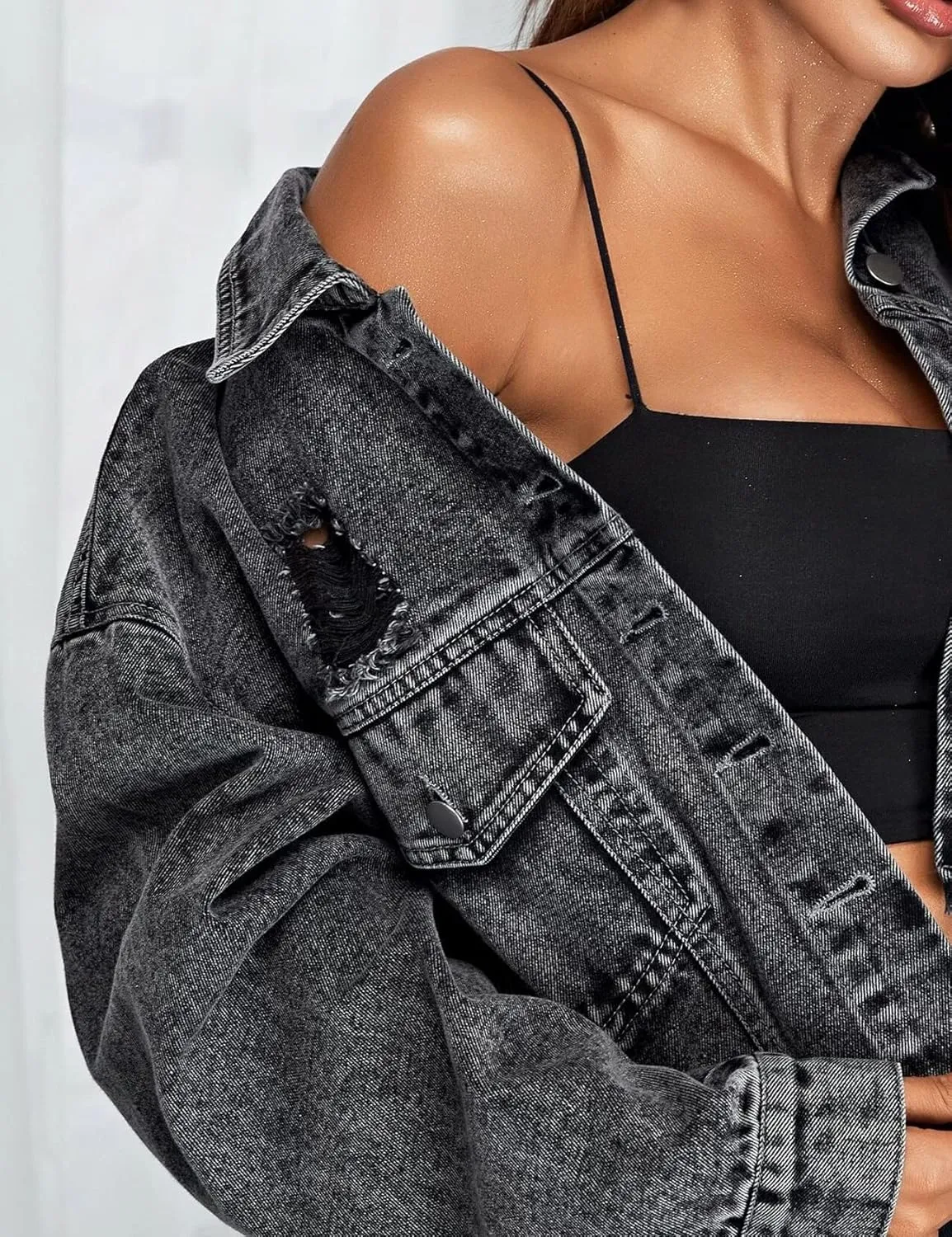 PEHMEA Women's Frayed Raw Hem Denim Jacket Button Down Cropped Ripped Jean Coat