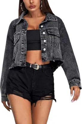 PEHMEA Women's Frayed Raw Hem Denim Jacket Button Down Cropped Ripped Jean Coat