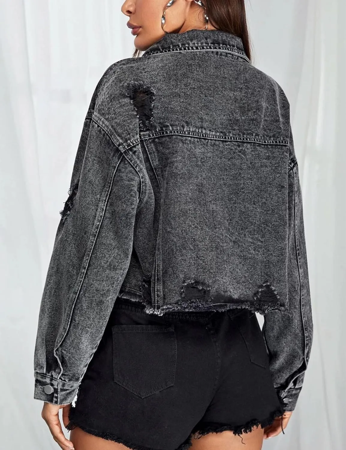 PEHMEA Women's Frayed Raw Hem Denim Jacket Button Down Cropped Ripped Jean Coat
