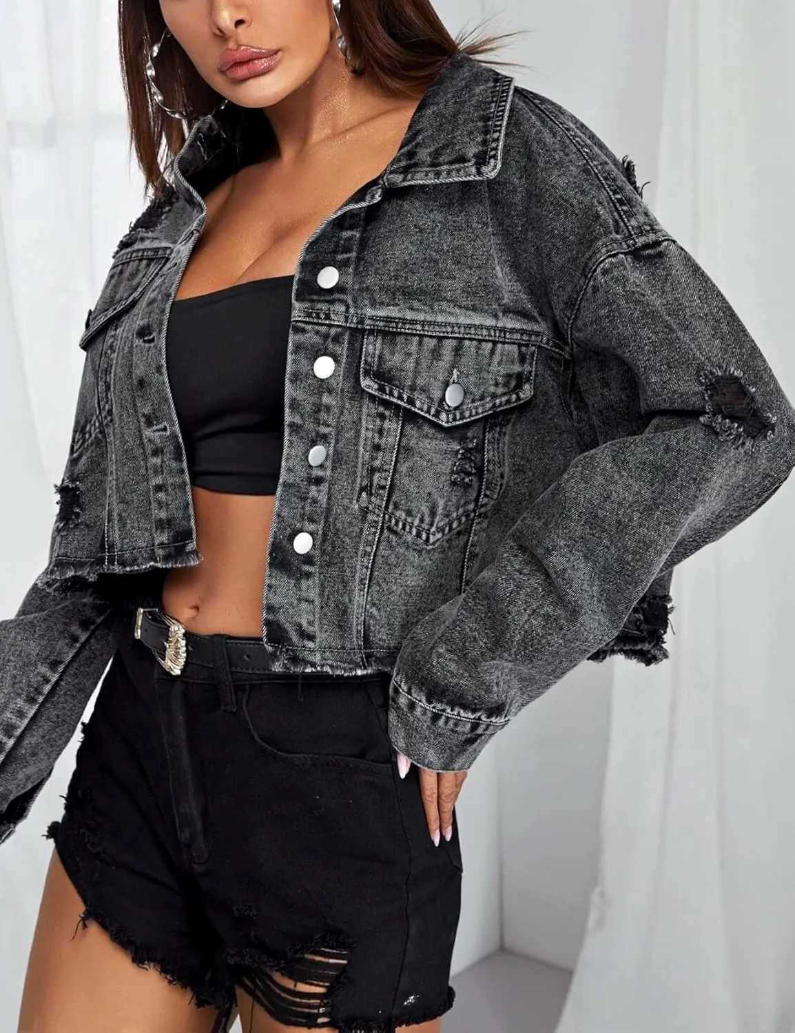 PEHMEA Women's Frayed Raw Hem Denim Jacket Button Down Cropped Ripped Jean Coat