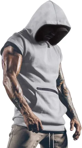 Poriff Mens Workout Tank Tops with Hood Sleeveless Gym t-Shirt Muscles Tees Athletic Pockets