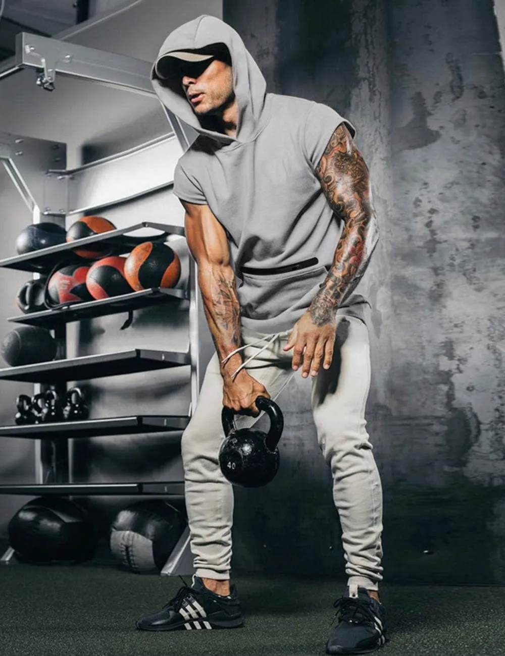Poriff Mens Workout Tank Tops with Hood Sleeveless Gym t-Shirt Muscles Tees Athletic Pockets